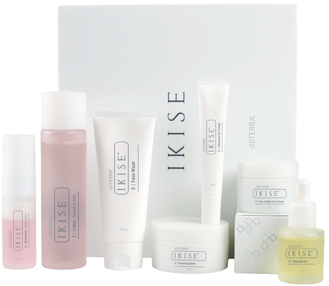 doTERRA IKISE skincare collection with boxes, bottles and tubes displayed together