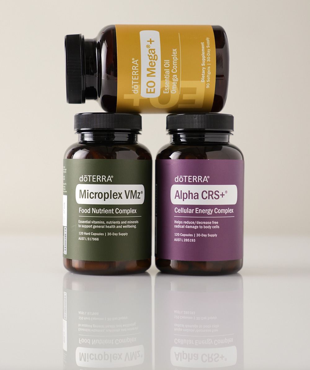 doTERRA Lifelong Vitality Pack — EO Mega+, Microplex VMz and Alpha CRS+ supplement bottles